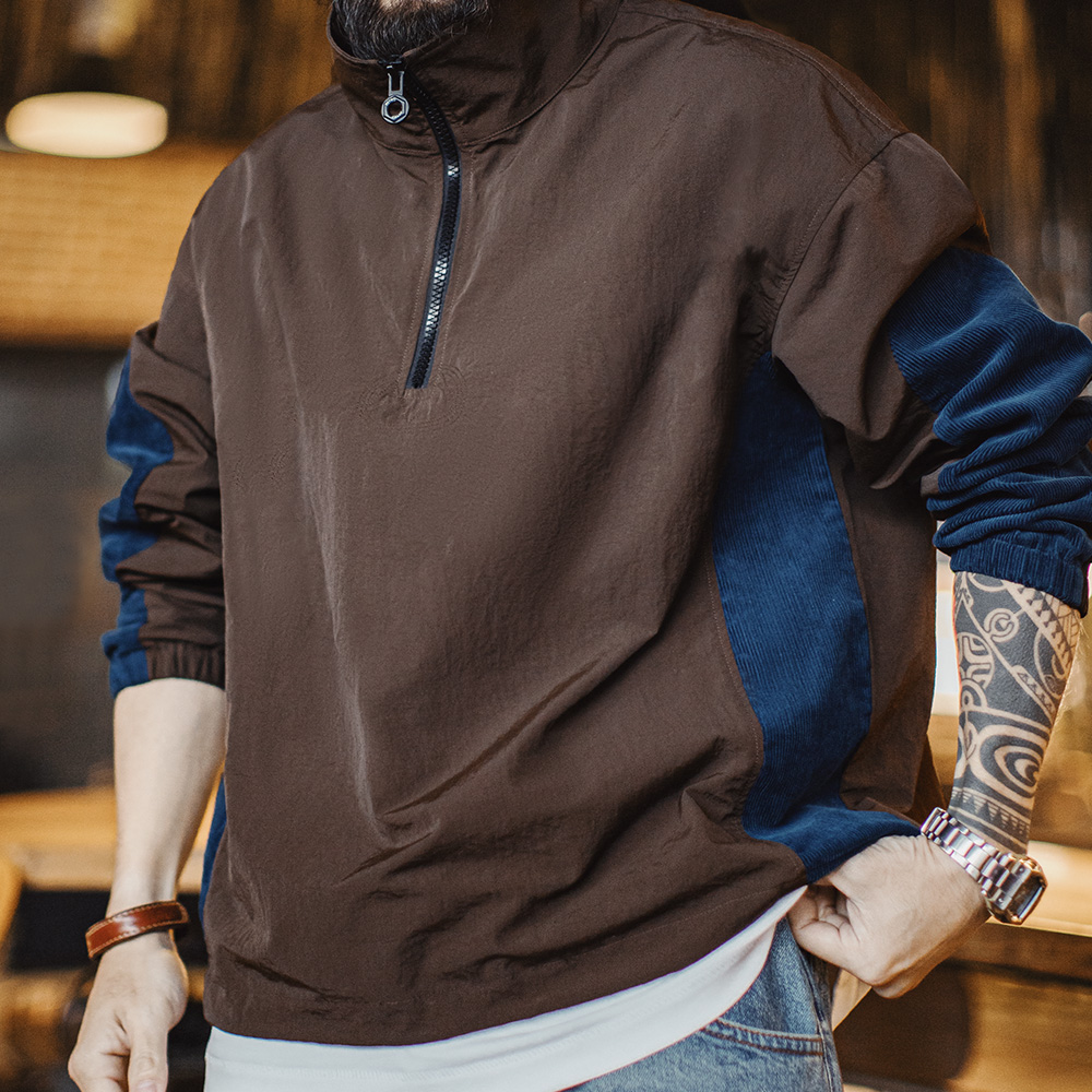Vintage Zip Hoodie - Maden Vintage Corduroy Color-Block Half-Zip Jas