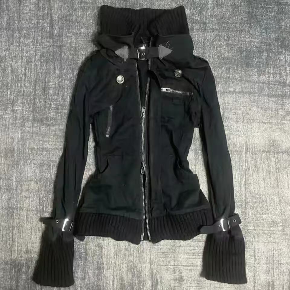 Vintage Zip Hoodie - Y2K Gothic zwarte slanke hoodie met