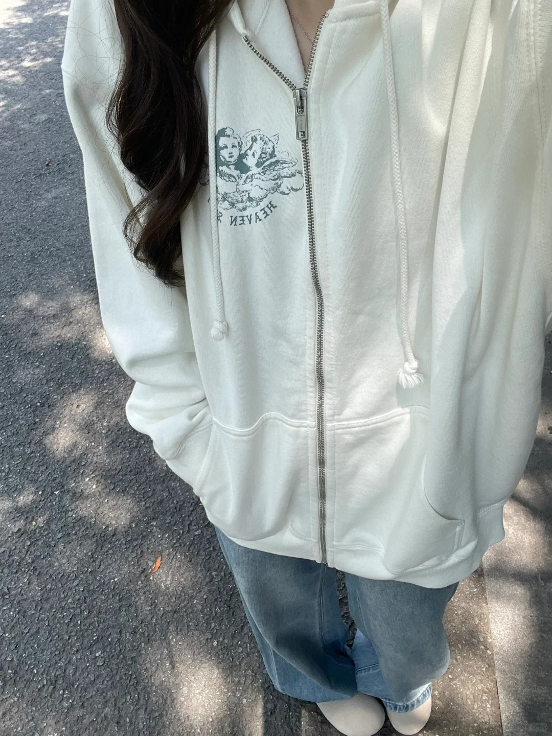 Vintage Zip Hoodie - Pocket Zip-up Sweatshirts Tops Dames Wit